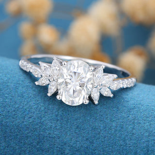 1.33 CT Oval Cut Cluster Moissanite Engagement Ring close up