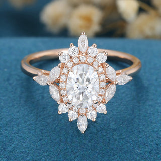 0.84 CT Oval Cluster Sparkling Moissanite Engagement Ring front view