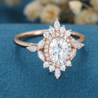 0.84 CT Oval Cluster Sparkling Moissanite Engagement Ring top view
