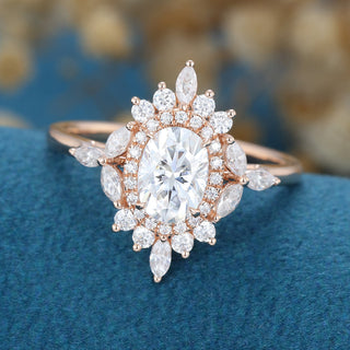 0.84 CT Oval Cluster Sparkling Moissanite Engagement Ring close up