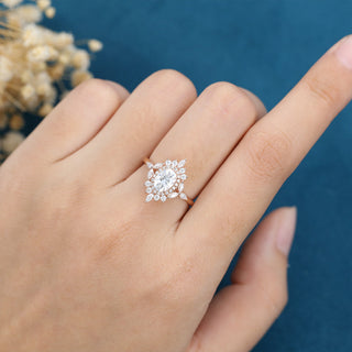 0.84 CT Oval Cluster Sparkling Moissanite Engagement Ring side view