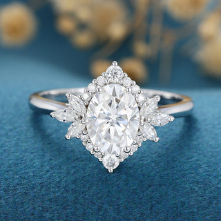 0.84 CT Oval Cut Cluster Halo Moissanite Engagement Ring front view