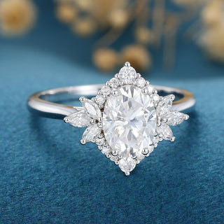 0.84 CT Oval Cut Cluster Halo Moissanite Engagement Ring top view