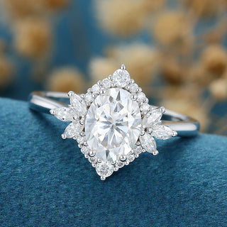 0.84 CT Oval Cut Cluster Halo Moissanite Engagement Ring close up