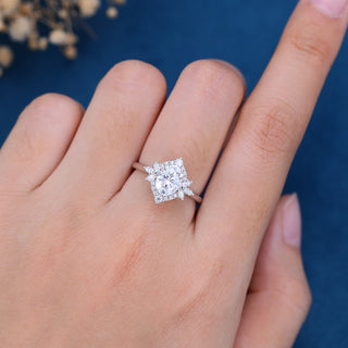 0.84 CT Oval Cut Cluster Halo Moissanite Engagement Ring side view