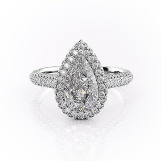 2.0CT Pear Cut Halo Three Side Pave Diamond Moissanite Engagement Ring
