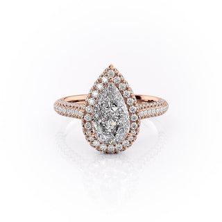 2.0CT Pear Cut Halo Three Side Pave Diamond Moissanite Engagement Ring
