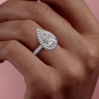 2.0CT Pear Cut Halo Three Side Pave Diamond Moissanite Engagement Ring