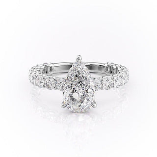 Modern 2.0ct pear solitaire moissanite ring tilted view catching the light