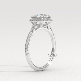 Halo Pave Round Cut Moissanite Engagement Ring three quarter view