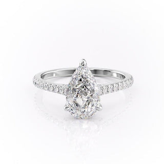 Luminous 2.0ct pear solitaire moissanite ring tilted view catching the light
