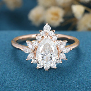 1.0 CT Pear Cluster Sparkling Moissanite Engagement Ring front view