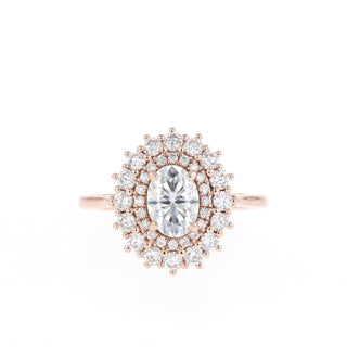 Stunning 0.75ct oval halo moissanite ring tilted view catching the light