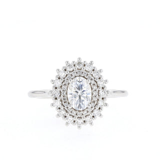 Stunning 0.75ct oval halo moissanite ring macro detail of the stones