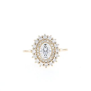 Stunning 0.75ct oval halo moissanite ring front view