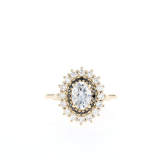 Classic 0.75ct oval halo moissanite ring macro detail of the stones