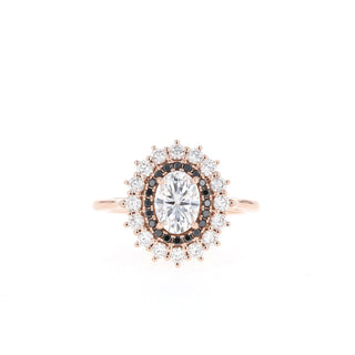 Classic 0.75ct oval halo moissanite ring three quarter angled view