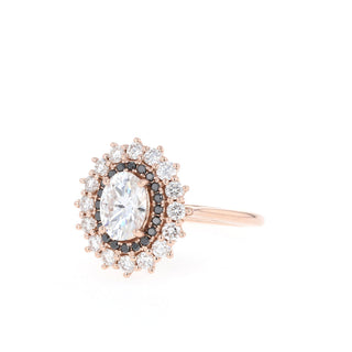 Classic 0.75ct oval halo moissanite ring detail view of the band