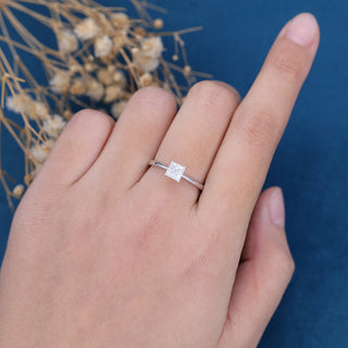 0.64 CT Princess Solitaire Halo Moissanite Engagement Ring side view