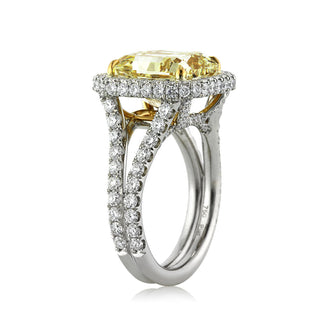 Yellow radiant halo split shank moissanite ring stone detail view