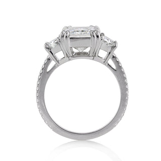 Radiant three stone pave moissanite ring close up detail