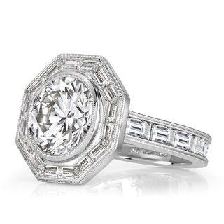 Round brilliant moissanite halo ring side detail view