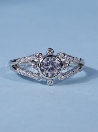 0.70CT Bezel Set Round Cut Moissanite Diamond Split Shank Engagement Ring