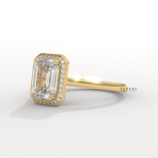 Halo Solitaire Moissanite Emerald Cut Engagement Ring overhead view
