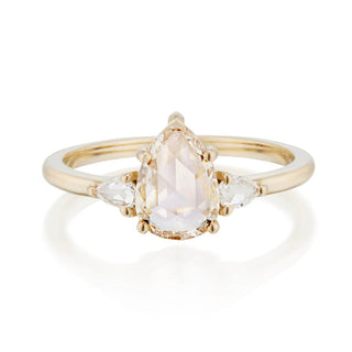 three stone moissanite ring pear rose cut front view