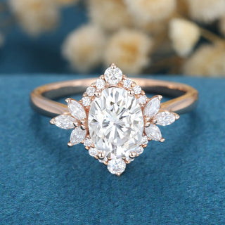 0.84 CT Oval Brilliant Cluster Moissanite Engagement Ring front view