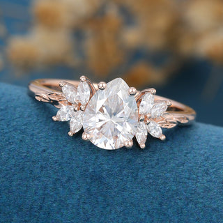 1.0 CT Pear Brilliant Cluster Moissanite Engagement Ring close up