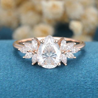 1.0 CT Pear Cut Cluster Sparkling Moissanite Engagement Ring front view