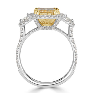 Fancy light yellow radiant halo moissanite ring close up detail