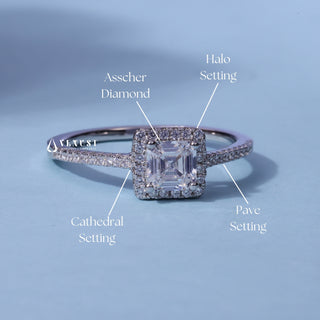 Sparkling Halo Pave Asscher Cut Moissanite Ring with centre stone measurement details
