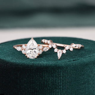 1.50 CT Pear Brilliant Cluster Halo Moissanite Bridal Set angle view