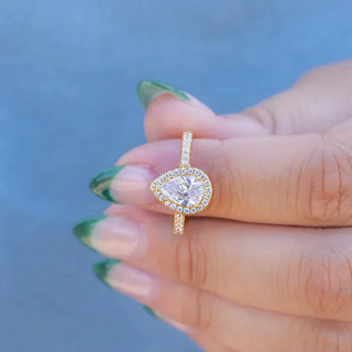 1.33CT Pear Cut Halo Moissanite Diamond Engagement Ring