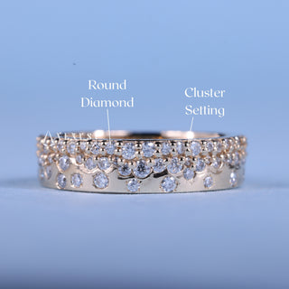 Dazzling round cluster moissanite wedding band shown on a finger