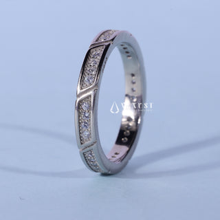 Stunning round pave moissanite wedding band side profile view