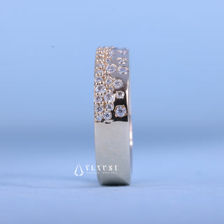 Dazzling round cluster moissanite wedding band side profile view