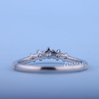 Shimmering round moissanite wedding band close up of the setting