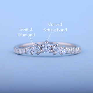 Shimmering round moissanite wedding band shown on a finger