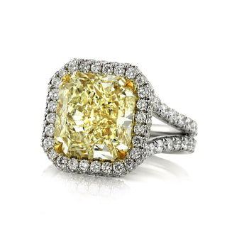 Yellow radiant halo split shank moissanite ring side detail view