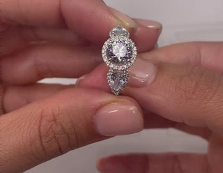 1.5ct Round Cut Halo Three Stone Diamond Moissanite Engagement Ring