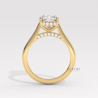 Front view of a cushion cut moissanite engagement ring with a hidden halo and cathedral setting