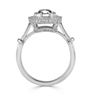 Old mine cushion halo moissanite engagement ring close up detail
