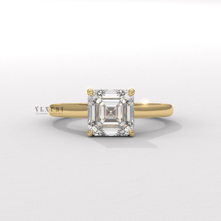 Full view of a asscher cut moissanite engagement ring with a hidden halo and cathedral setting with band detail