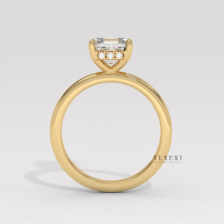 Overhead close-up of a asscher cut moissanite engagement ring in a hidden halo solitaire setting