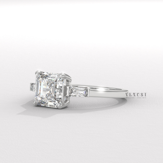 Asscher cut moissanite diamond ring angled view