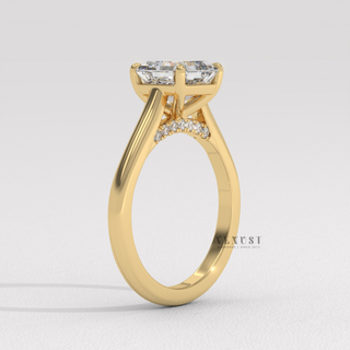 Hand model wearing a asscher cut moissanite engagement ring with a hidden halo and cathedral setting