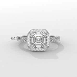 Halo Pave Moissanite Asscher Cut Engagement Ring profile view